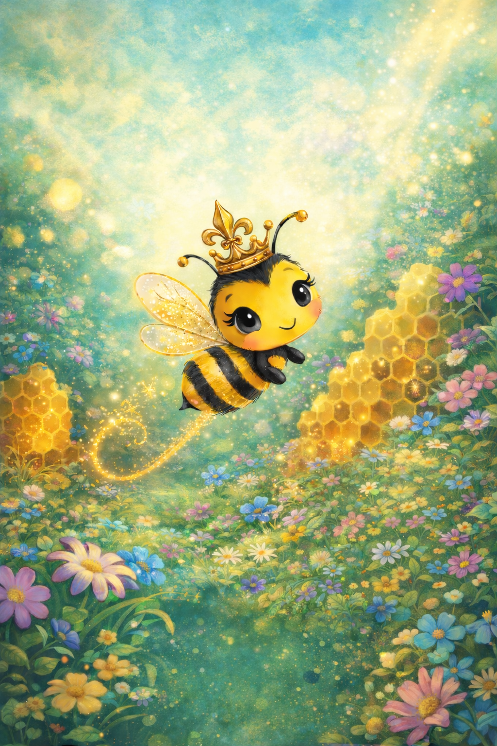 Evie the bee with a crown flying through a colorful flower garden with honeycomb.

