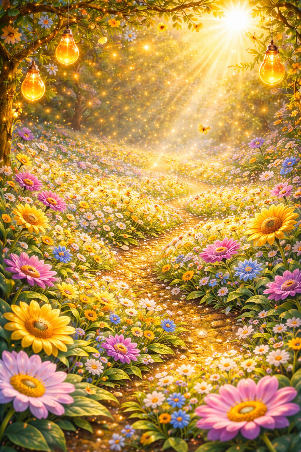 The Honey Garden A Colorful flower garden with glowing lights and a sunbeam